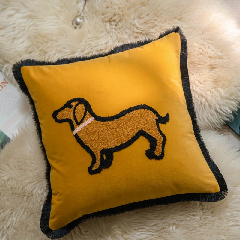 taies d'oreiller brodées chat yeux velours jaune noir modernes décoratives lit voiture 45x45