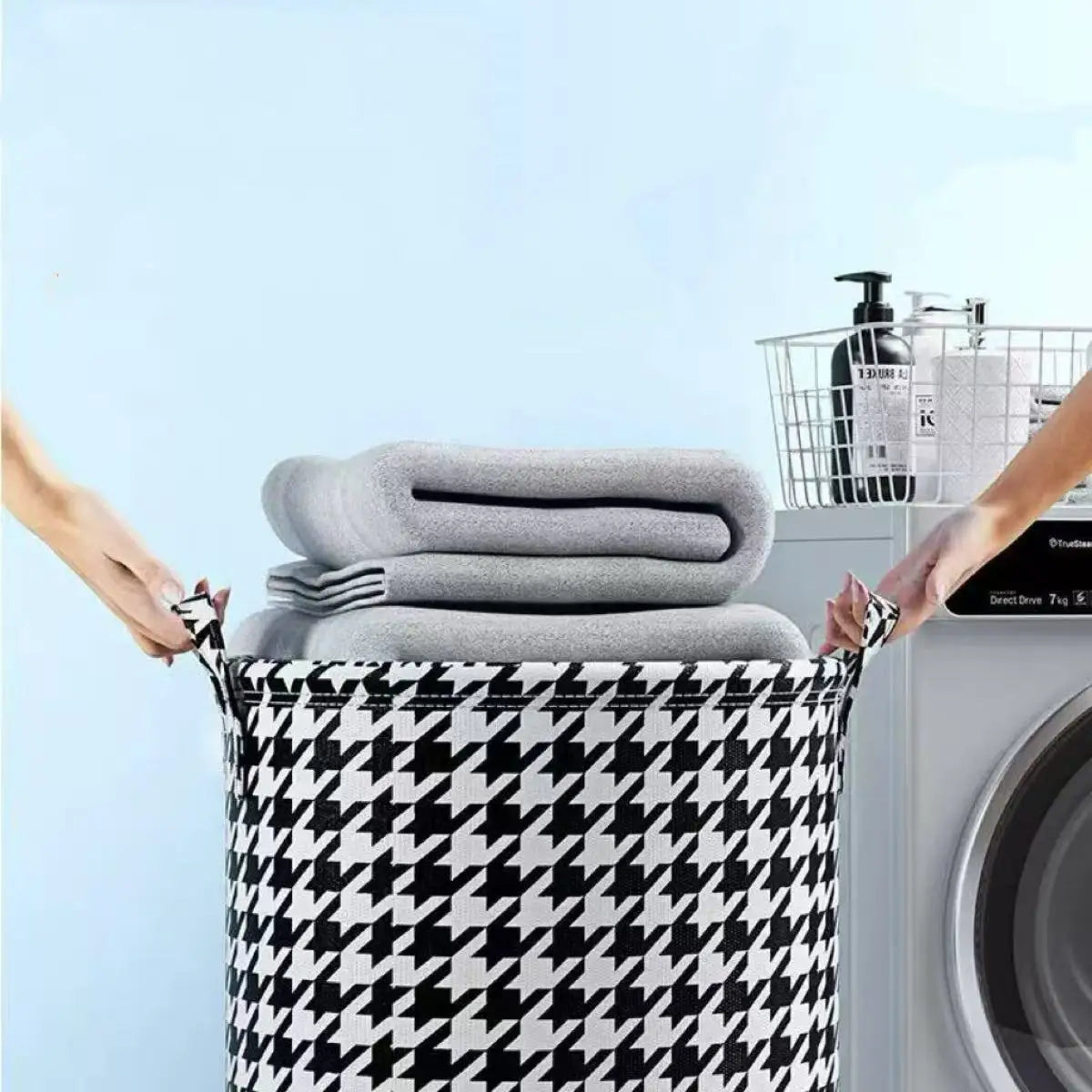 panier linge pliable houndstooth noir blanc moderne poignées chambre salon salle bain