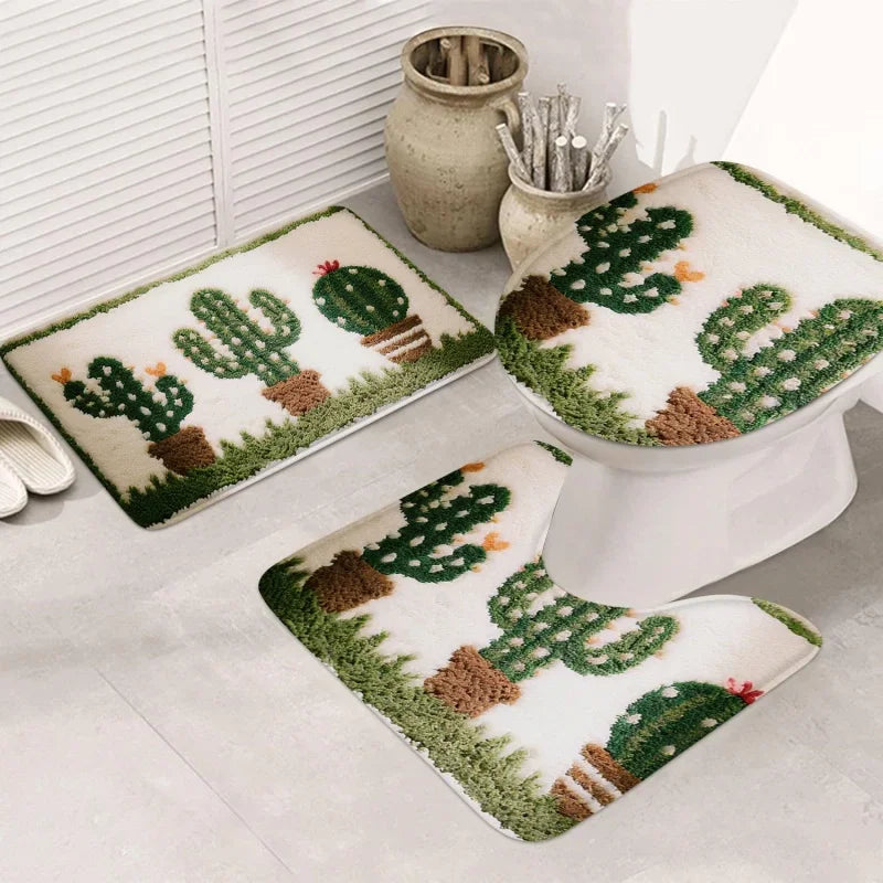 tapis toilette beige vert rose fleurs cactus motifs géométriques moderne antidérapant absorbant