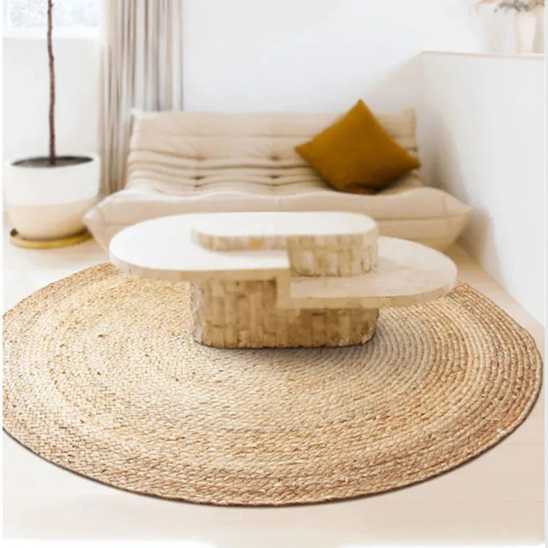 tapis rond tissé géométrique moderne rustique juteux beige clair salon chambre décoration nordique main