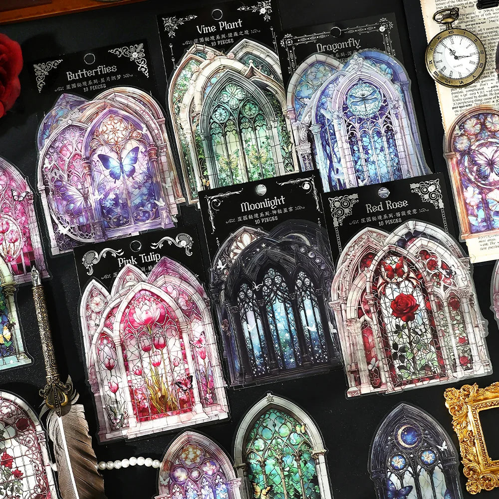 autocollants cartes postales vitraux gothiques motifs floraux animaux religieux art nouveau diy bricolage scrapbooking