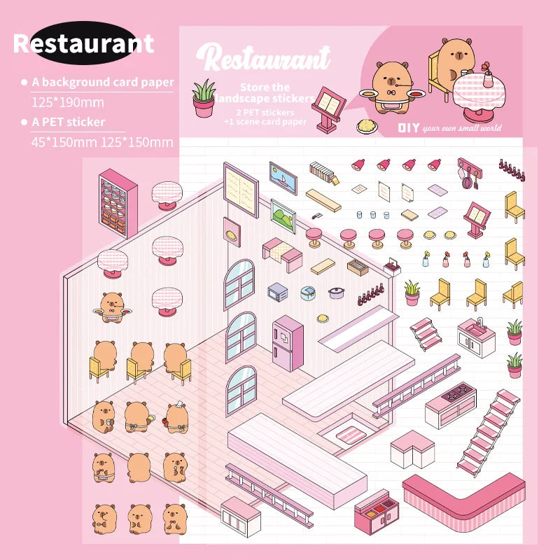sticker 3d diy illustration cartoon scènes intérieures meubles personnages bibliothèque restaurant pharma opacité variée
