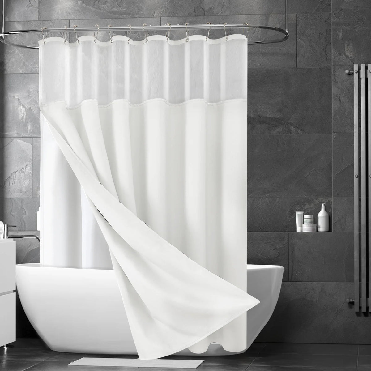 rideau douche moderne bleu clair imperméable double couche anneaux inox blanc opaquet gouttes d'eau