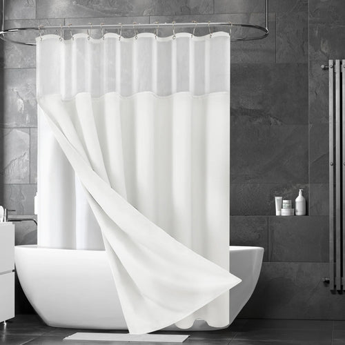 rideau douche moderne bleu clair imperméable double couche anneaux inox blanc opaquet gouttes d'eau