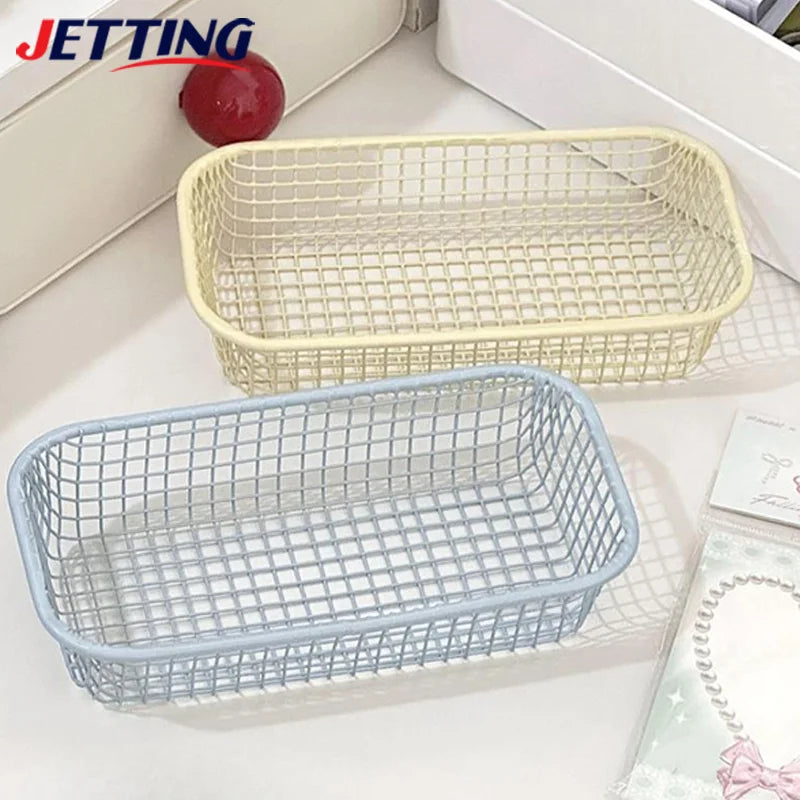 paniers rangement métal blanc rose bleu maille fine moderne papier pince ruban adhésif