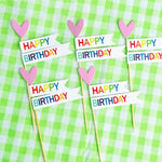 décorations gâteau happy birthday multicolore nounours chapeau banderoles géométriques festives piquées bois