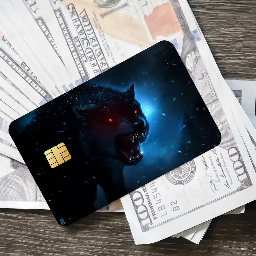 cartes bancaires personnalisées adhésives loup animal moderne graphique noir gris bleu rouge