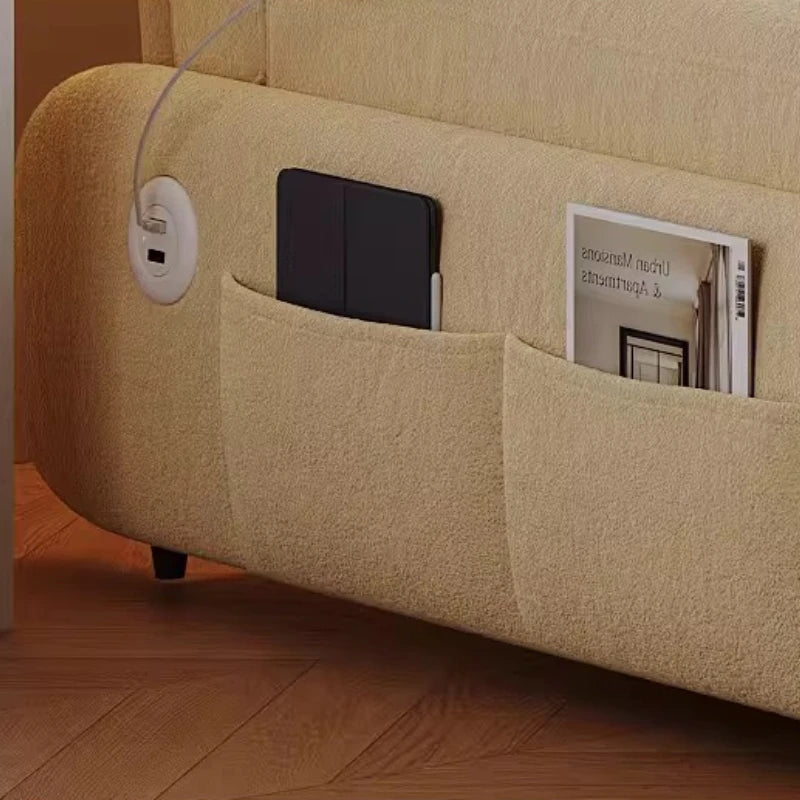canapé lit moderne tissu uni beige clair rangement électrique pliant bois latex