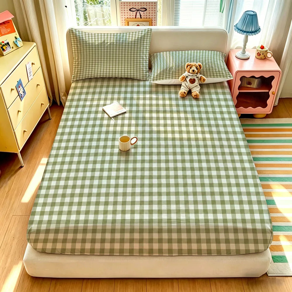 litreie moderne drap plat carreaux vertclair blanc opacité 3pièces single superking king queen twin