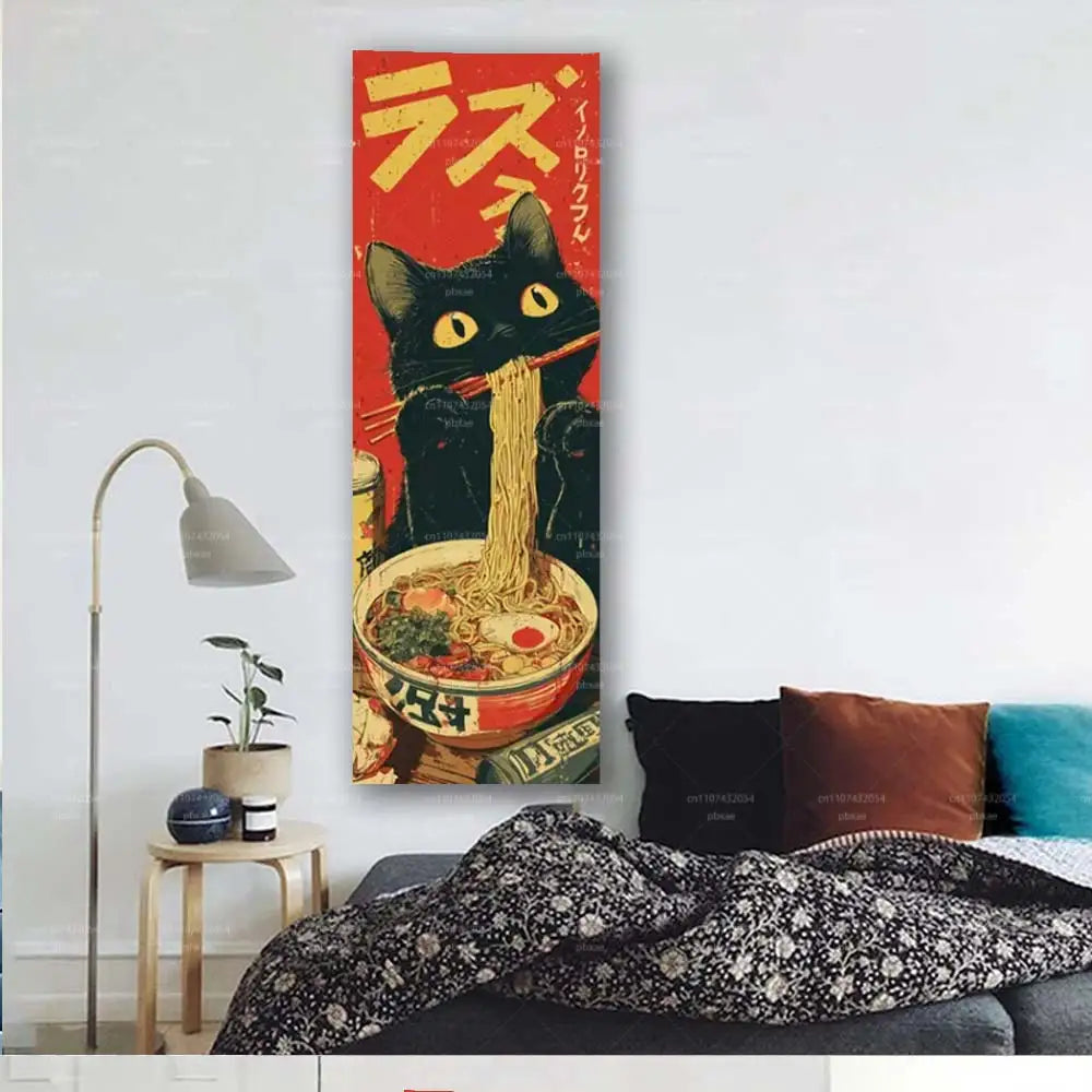 affiche murale vintage chat noir nouilles rouge jaune pop art 150cm 40cm