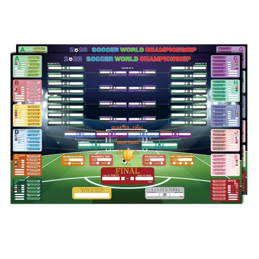calendrier match football 2026 graphique moderne opaque adhésif noir vert rouge jaune bleu textes