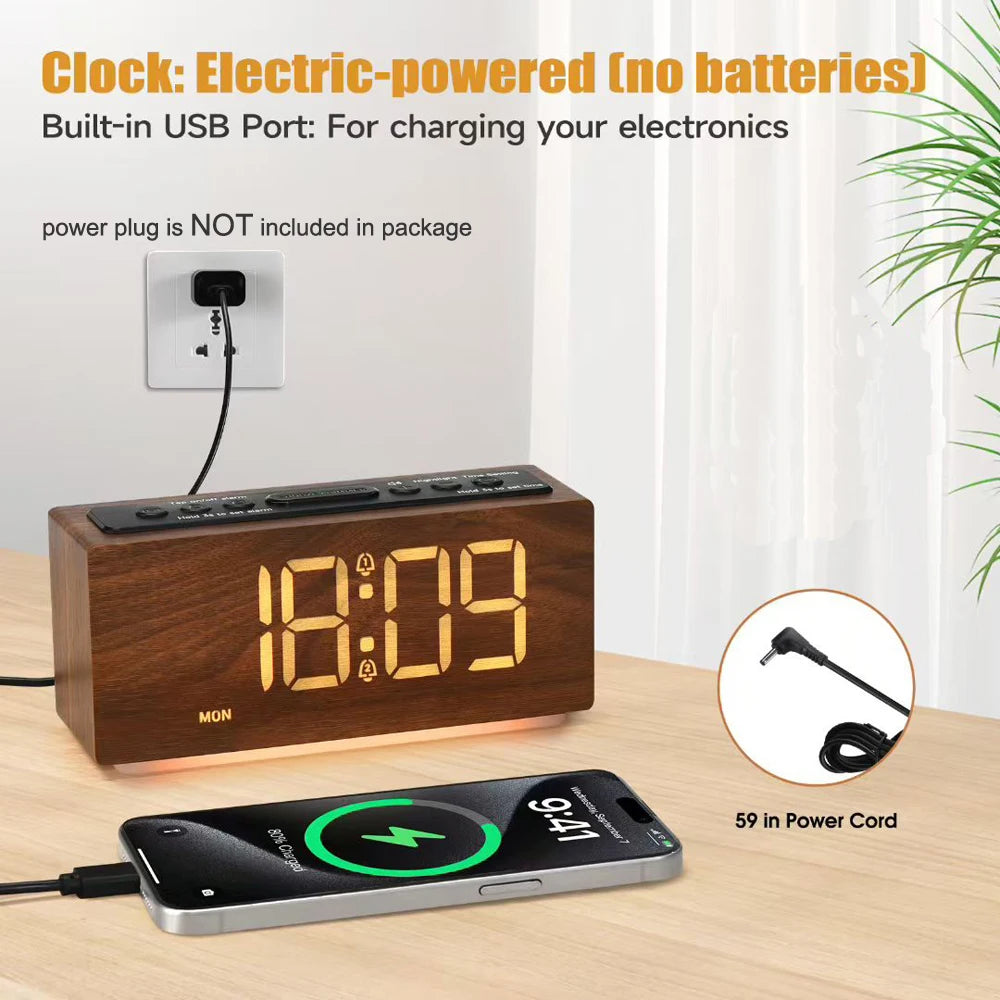 réveil numérique led bois moderne minimaliste fonction snooze réglage luminosité