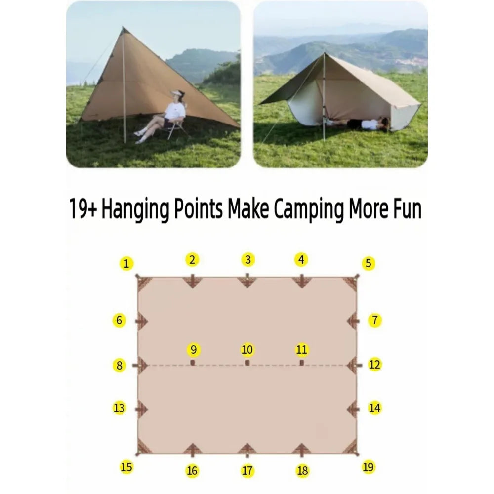 tarp polyvalent camping abri toile épaisse occlusion variable configurations multiples adaptateur