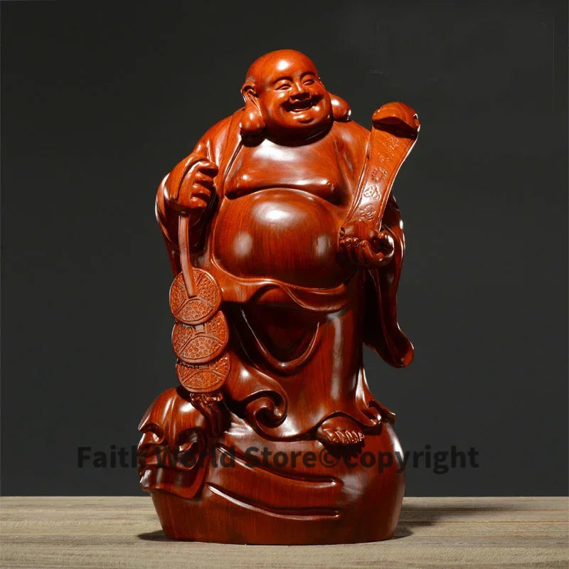 statue bois bouddha riant feng shui traditionnel asiatique base sculptée pièces monnaie bannière