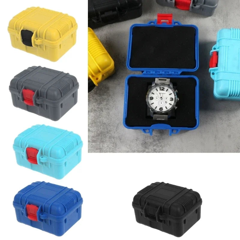 boîte rangement rétro noir bleu jaune robuste rainures intérieur noir espace montre pratique étanche