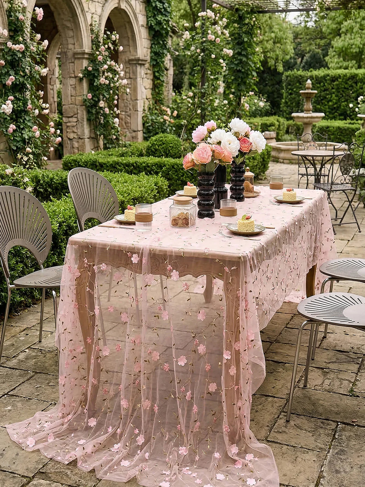 nappe table moderne rose fleurs jacquard translucide décoration romantique maison cuisine lavable machine
