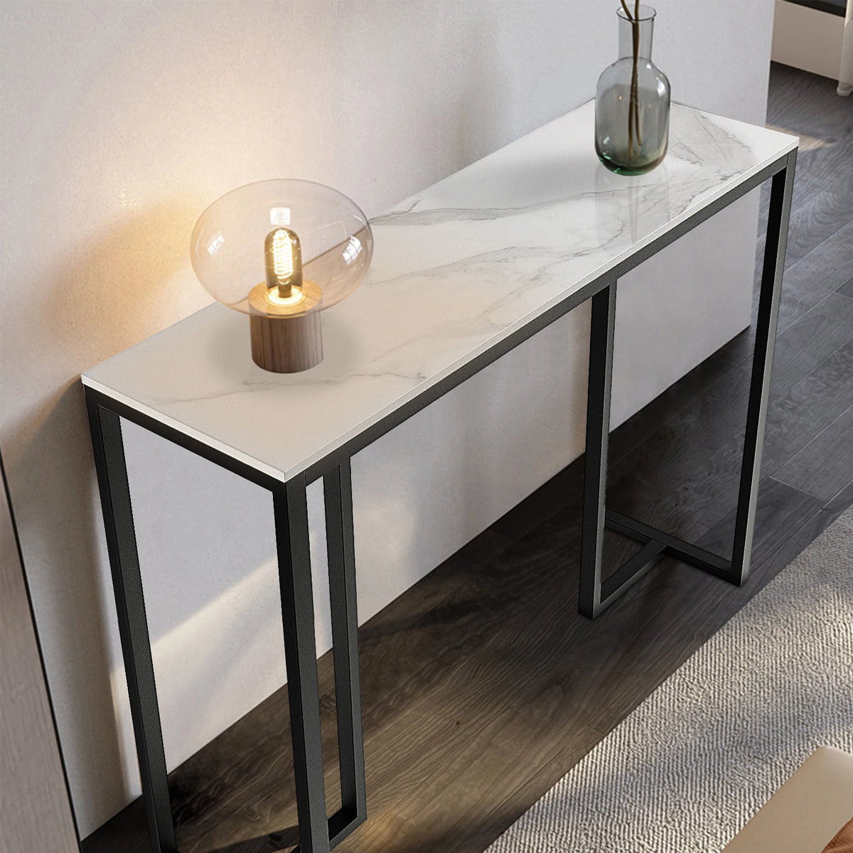 table d'appoint moderne marbre blanc gris fer pieds ajustables salon entrée hall