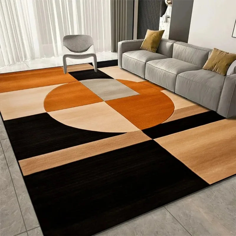tapis salon moderne motif géométrique orange beige noir doux antidérapant grande surface polyester intérieur