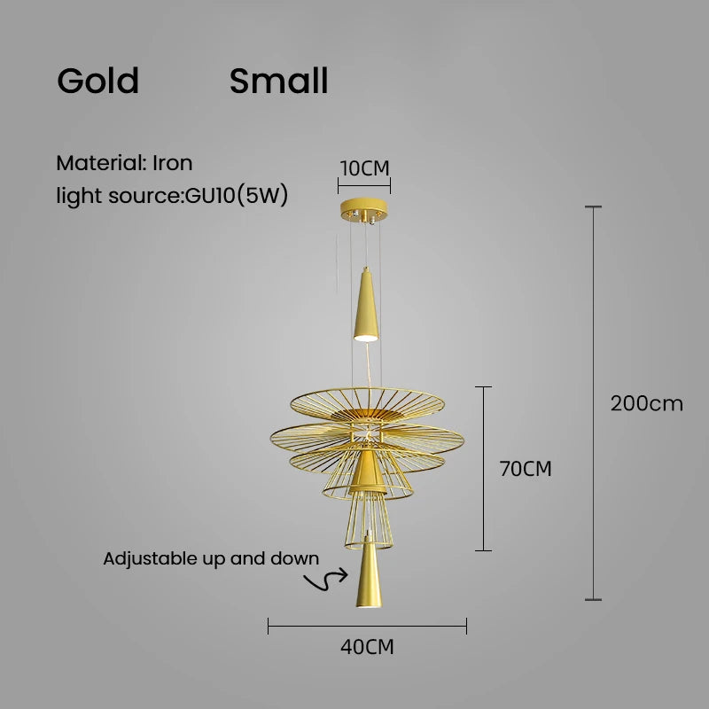 suspension lumineuse or noir contemporain minimaliste ampoule led intégrée fixation câbles métal superposé