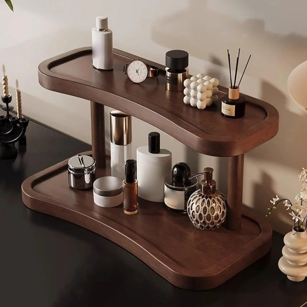 étagère bois deux niveaux moderne marron foncé mat horloge diffuseur huile essentielle pot crème
