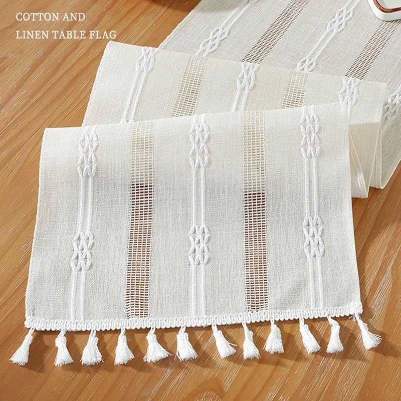 nappe décorative bohème géométrique franges semi transparente blanc rose vert gris bleu marine table