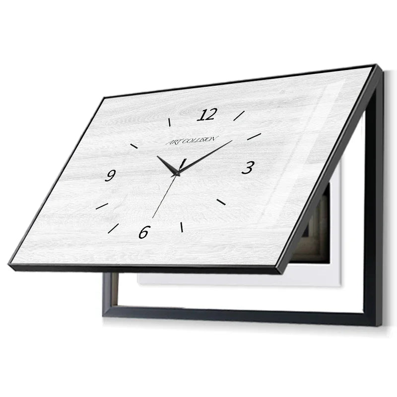 horloge murale moderne bois cadre noir aiguilles numeros visage unique carré nature morte quartz
