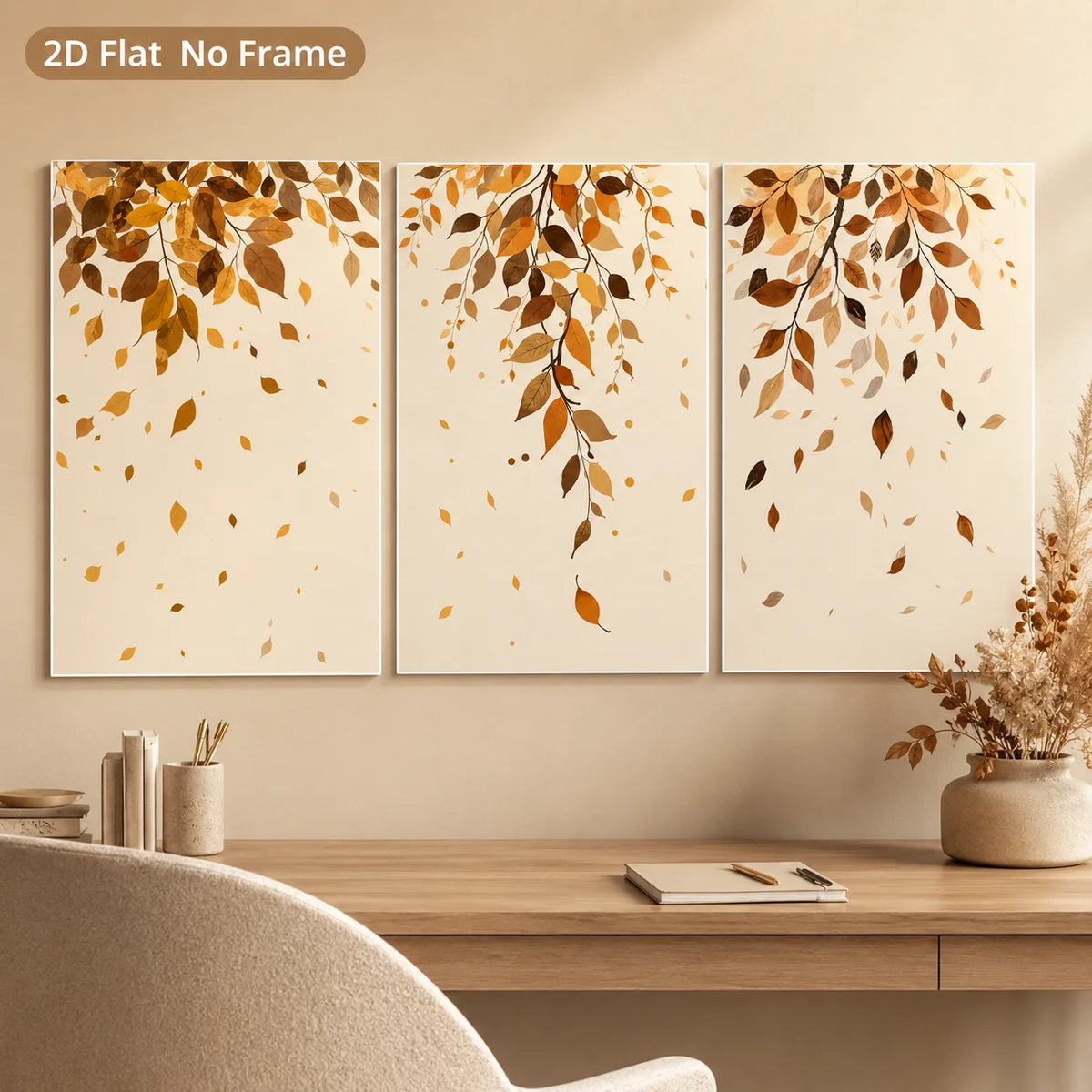 tableau moderne feuilles d'automne toile sans cadre beige marron doré nature morte pièces décoration