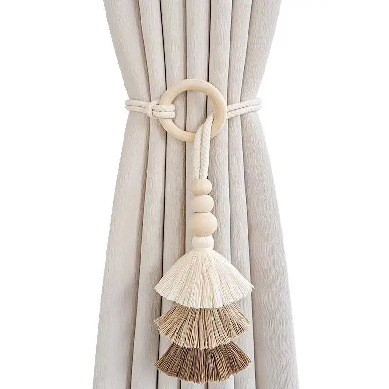 boucles rideau boho chic bois franges coton beige clair anneaux métalliques