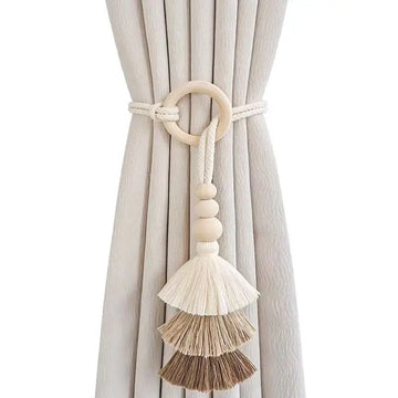 boucles rideau boho chic bois franges coton beige clair anneaux métalliques