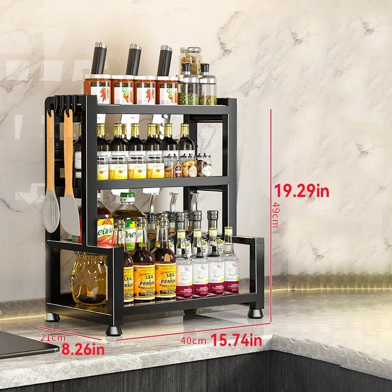 étagère cuisine noire réglable niveaux moderne pieds couteaux bouteilles pots condiments