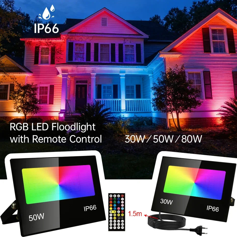 projecteur led rgb ip66 étanche extérieur télécommande réglage luminosité noir moderne