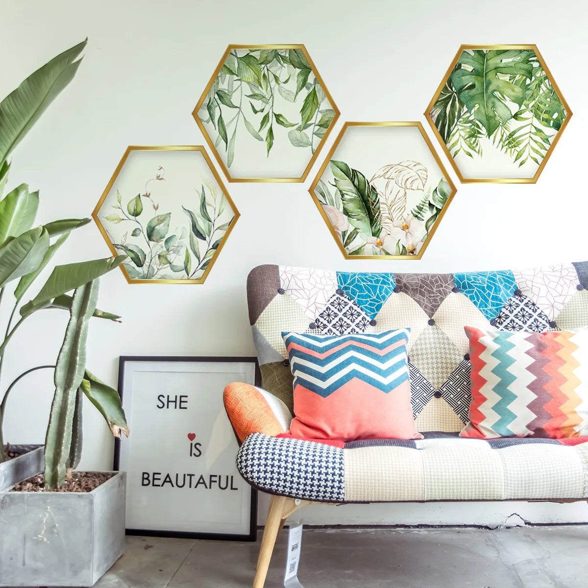 cadres hexagonaux adhésifs feuilles tropicales fleurs modernes or vert blanc chambre salon decoration