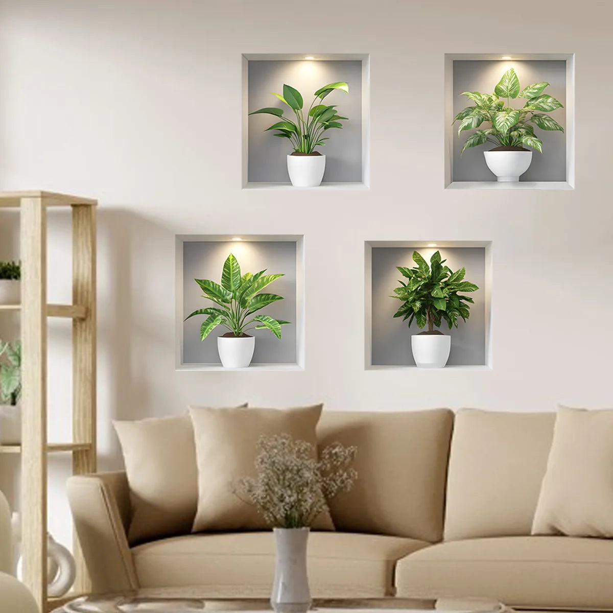 plantes artificielles feuilles vertes niche murale moderne adhésif pot blanc décoration intérieure salon chambre