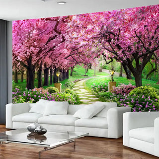 tapisserie murale jardin cerisiers fleurs printemps naturelle decoration mur rose vert marron blanc