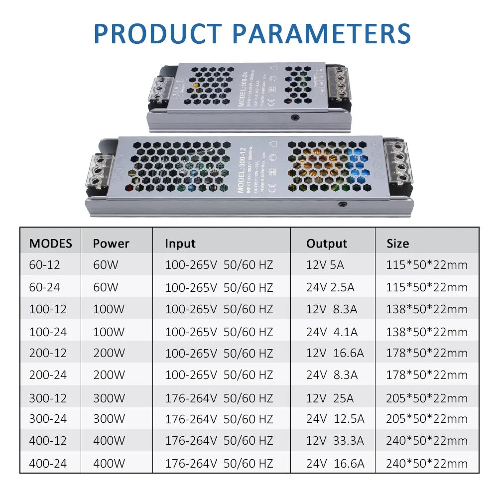 alimentation electrique 24v led 12v 60w 100w 200w 300w 400w aluminium industrielle