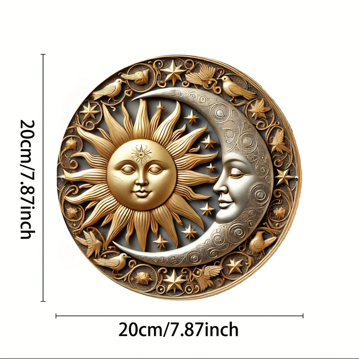 décoration murale plaque bois relief soleil lune oiseaux étoiles fleurs artisanat doré argentéextérieurintérieur
