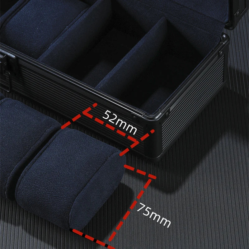 boîte montres moderne noire alliage métal rayures droites coussins cadenas fentes rangement affichage