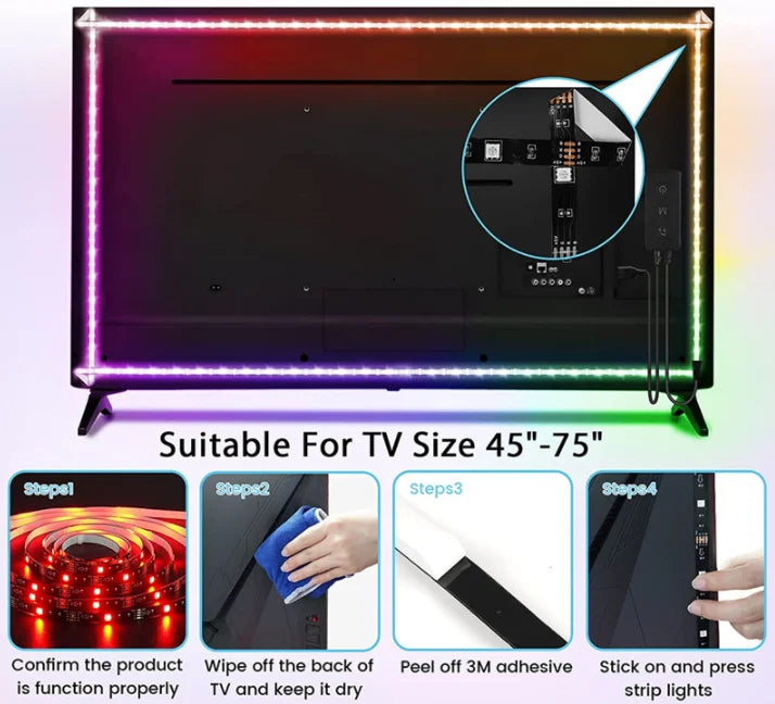 ruban led rgb flexible usb telecommande éclairage d'ambiance salon moderne adhésif noir