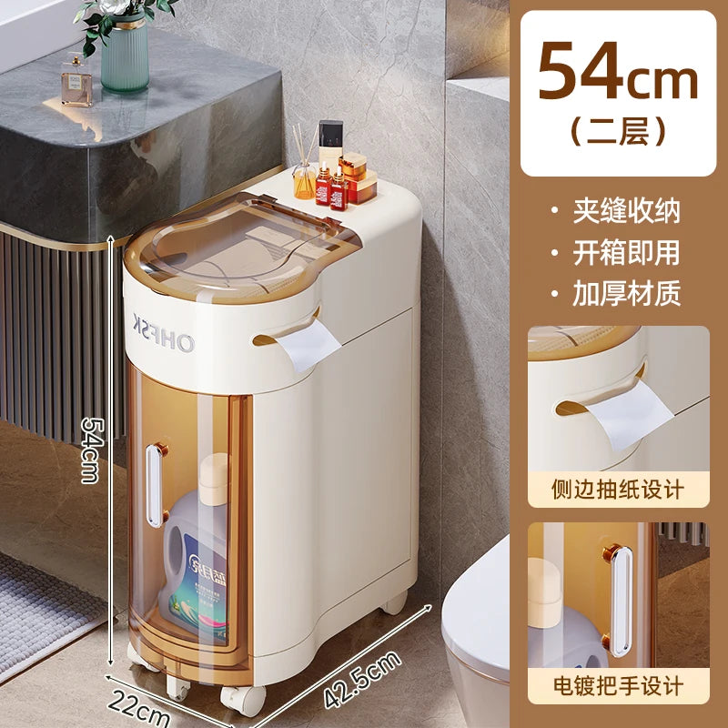rangement salle bain moderne étages adhésif compartiments transparent beiges gris produits toilette papier serviettes