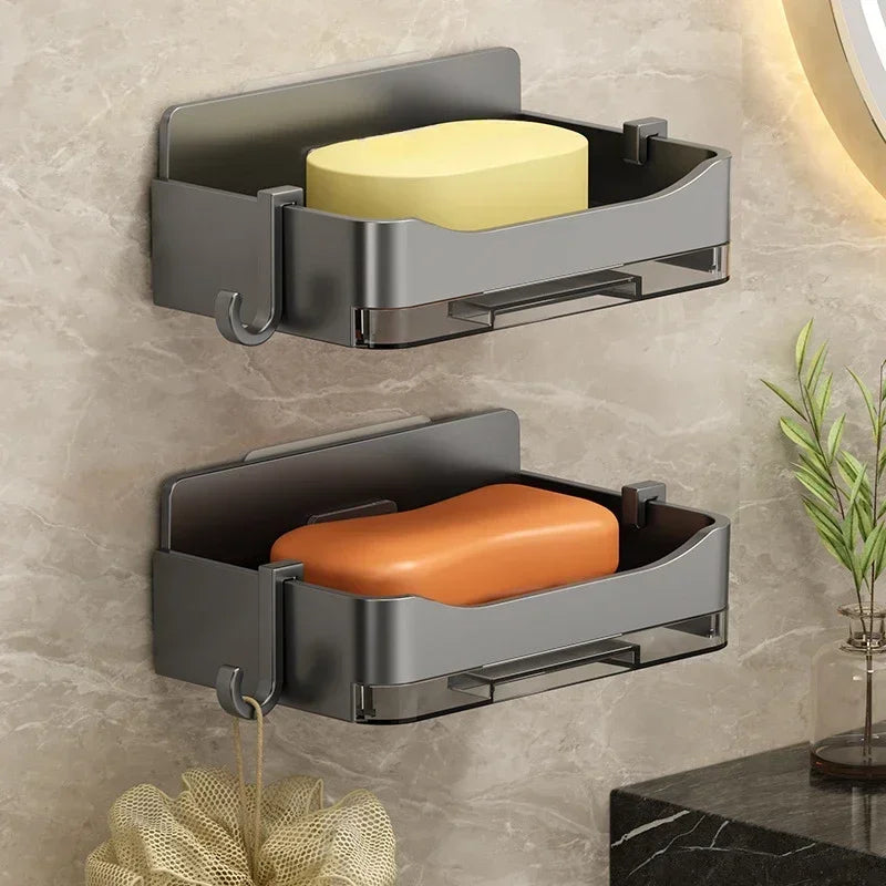 porte savon mural adhésif gris moderne double drainage salle bains organisateur plastique