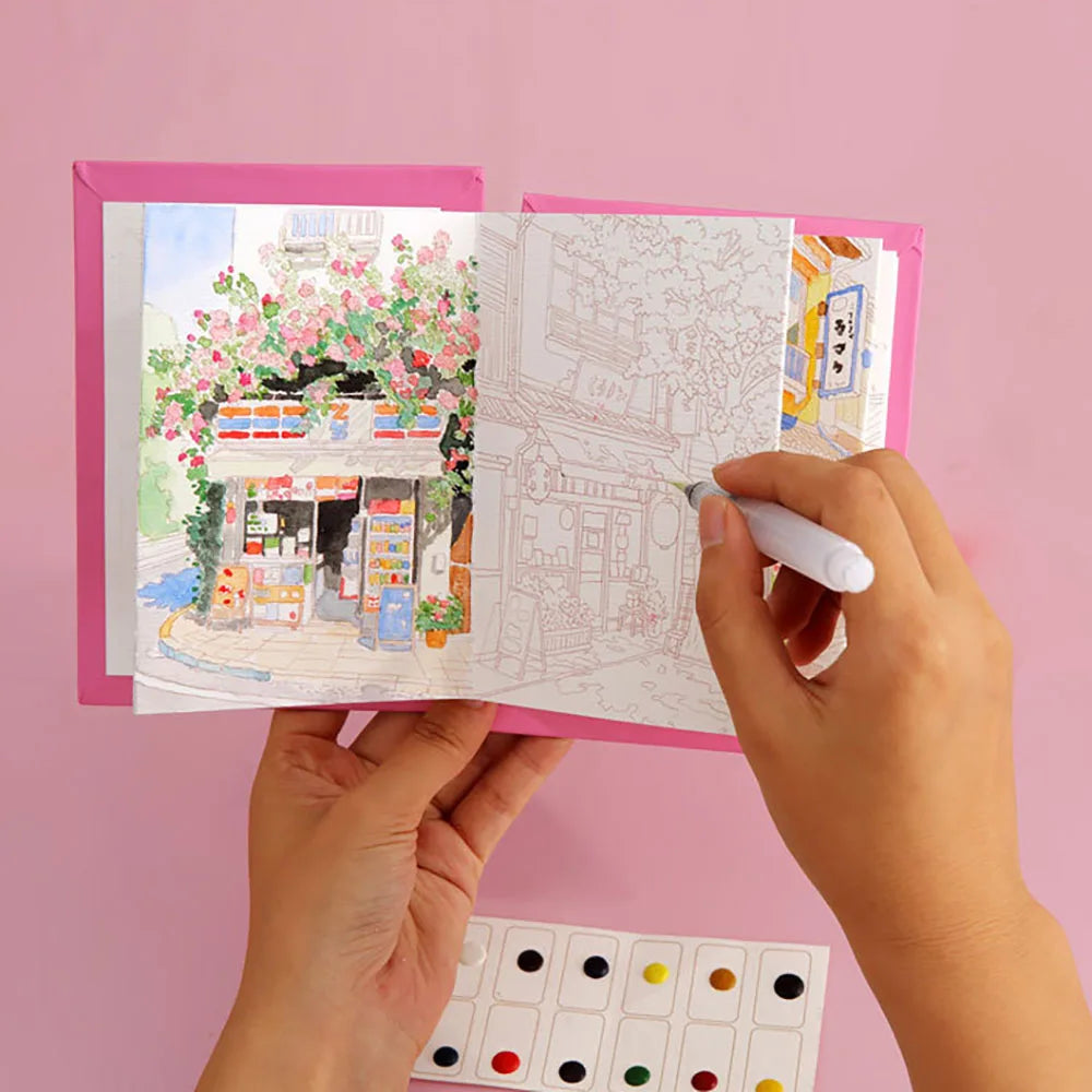 livre art aquarelle coloriage scènes urbaines nature roses blancs illustrations pages opaques peintures brosses