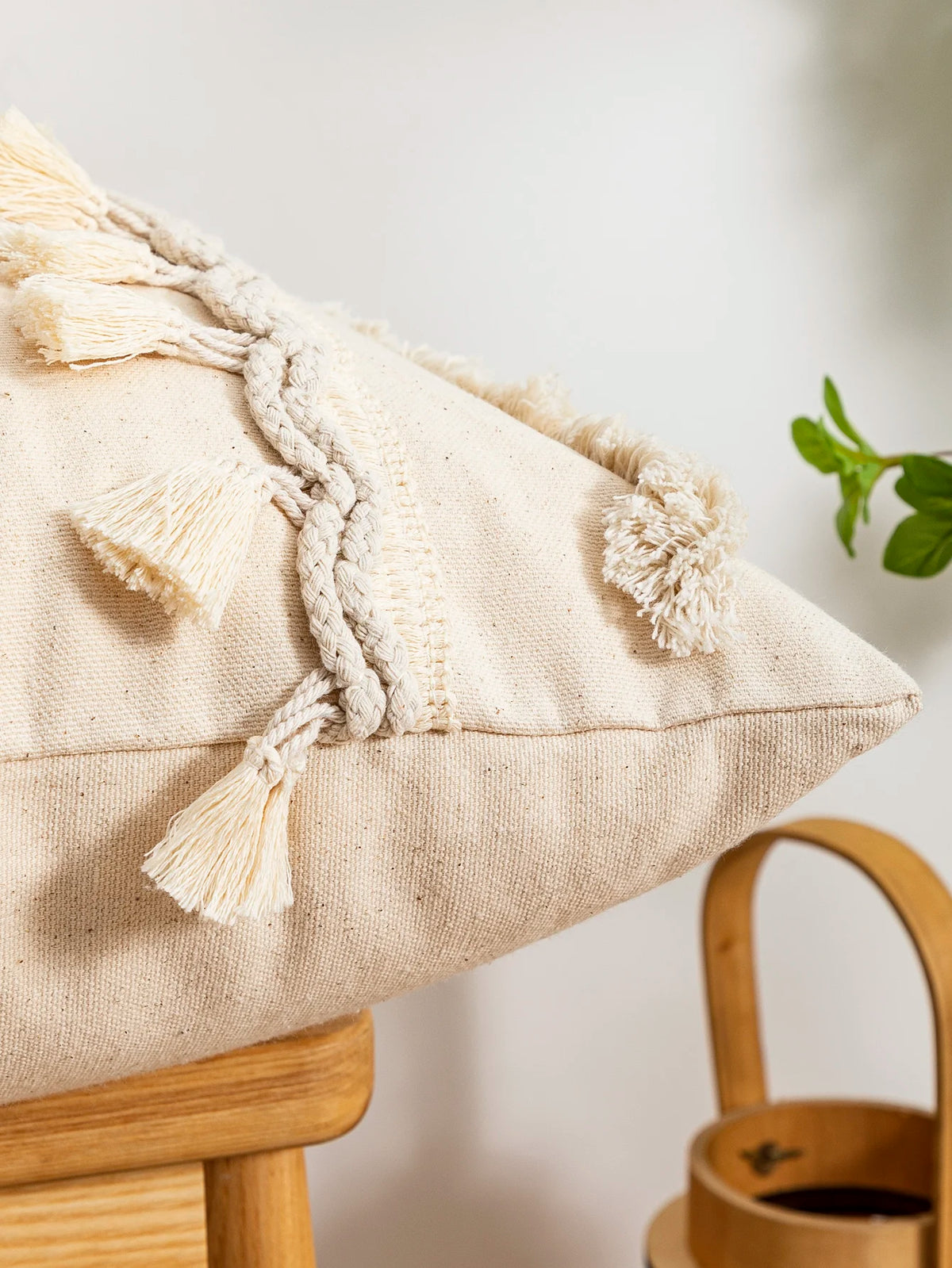 housse coussin beige triangles poils boho chic décoration lit canapé voiture coussins truelle osier