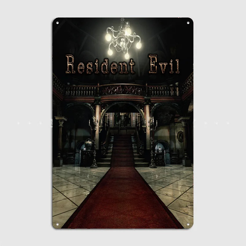 plaque métallique vintage resident evil escalier boissons alcoolisées noir blanc rouge