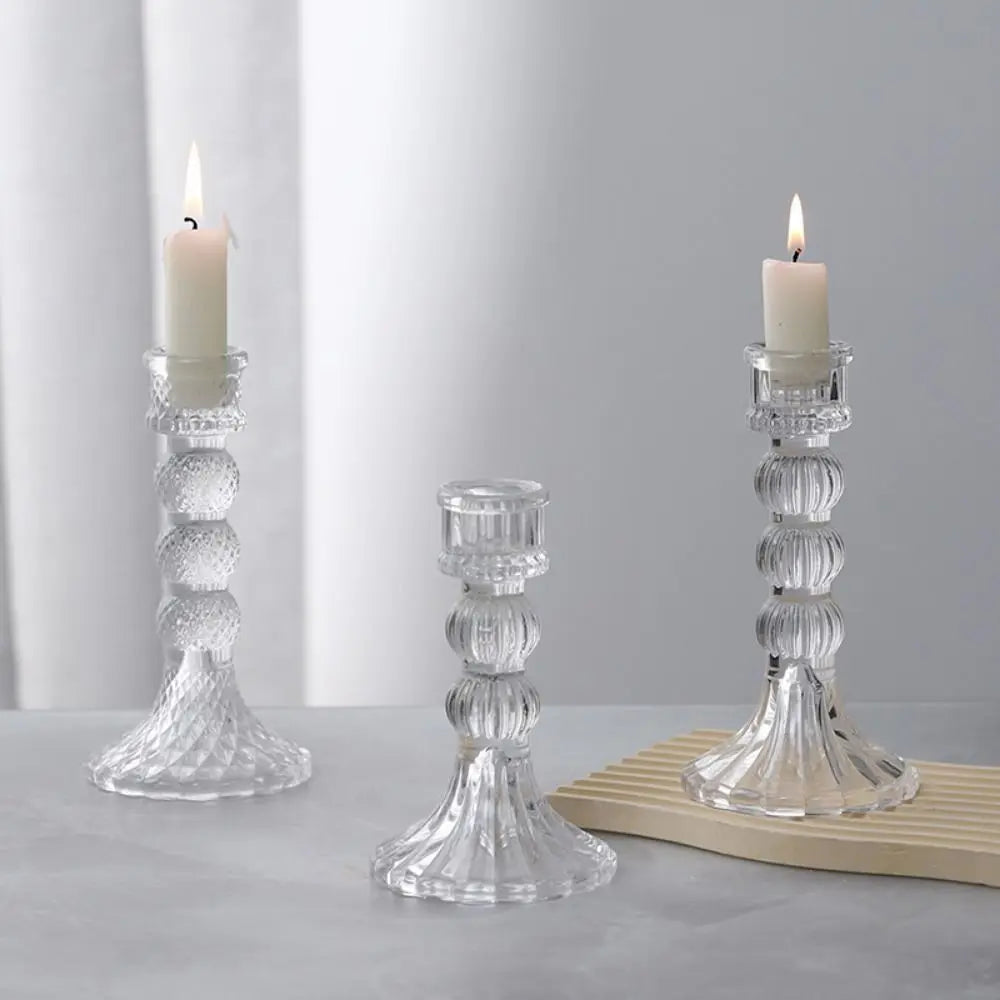bougeoir verre transparent classique gravures opaques support bougies rond durable