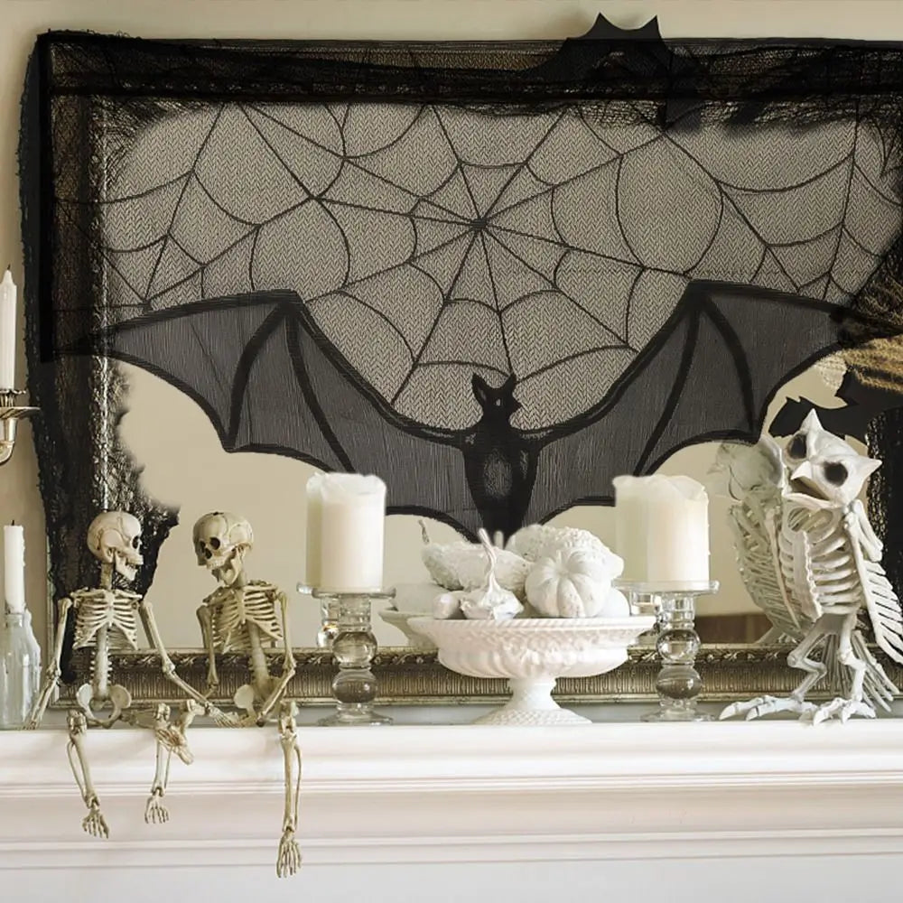 rideau halloween noir toile d'araignée chauve souris decoratif festif opacité 91cm58cm