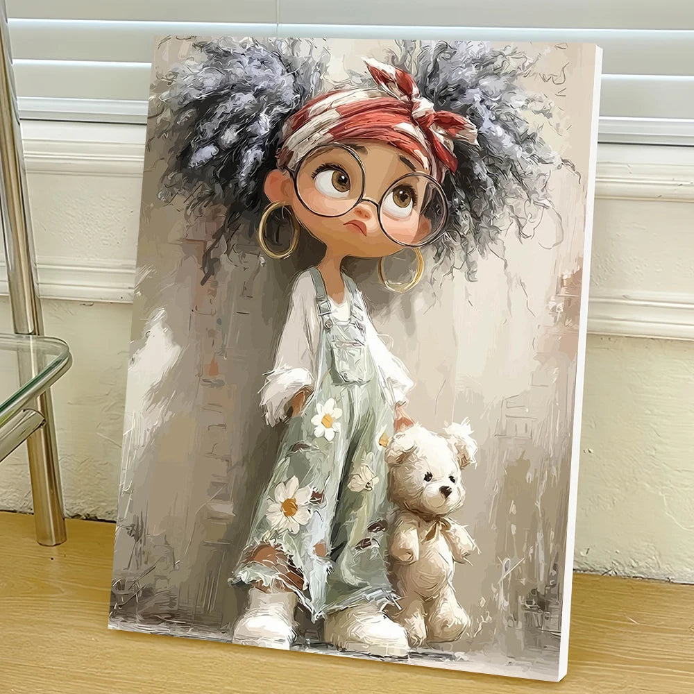 toile peinte fille ours fleurs motifs géométriques art contemporain kit débutants adultes crafts