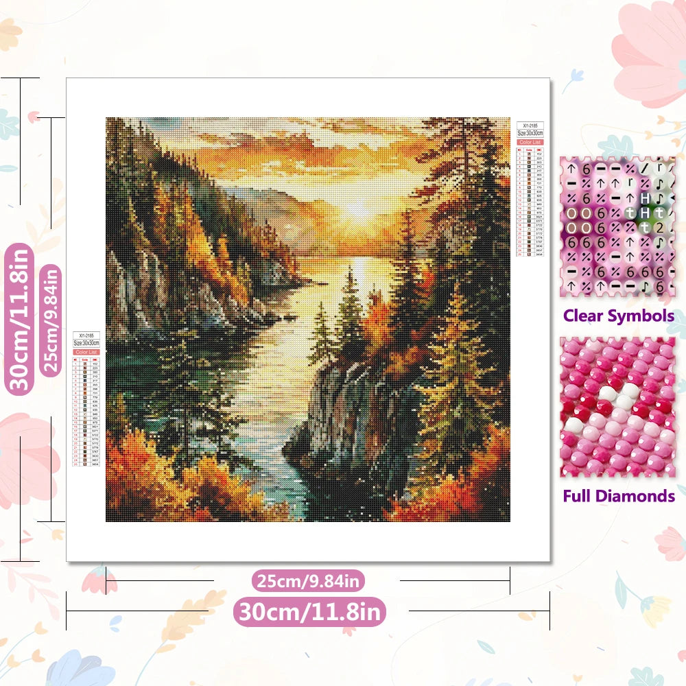 tableau diamant paysage naturel arbres rochers lac coucher soleil réaliste vert bleu orange jaune