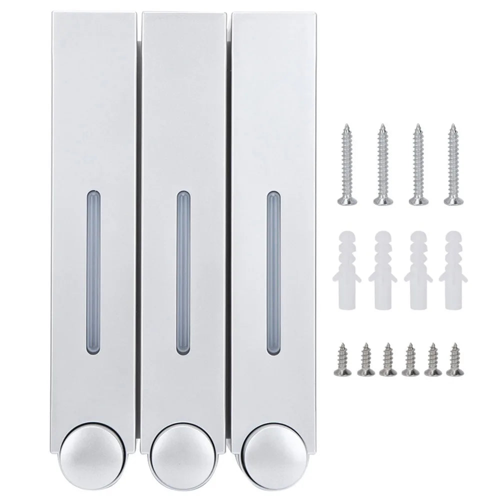 distributeur savon mural rechargeable blanc gris moderne minimaliste adhésif boutons déclenchement fenêtre transparente