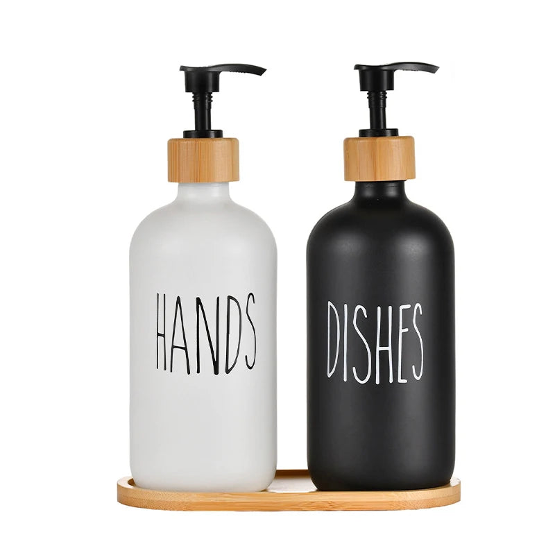 distributeur savon verre blanc moderne minimaliste base bambou deux pompes cuisine salle bain