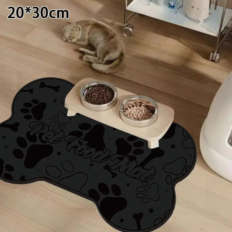 tapis nourrir animal blanc gris motif géométrique moderne anti dérapant deux bols métal